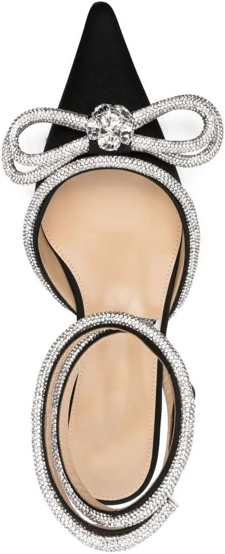 Arqa Double Bow Crystal Embellished Flats Women's Rhinestone Ankle Straps Ballet Flat Pointed Toe Bows Ballerina Shoes