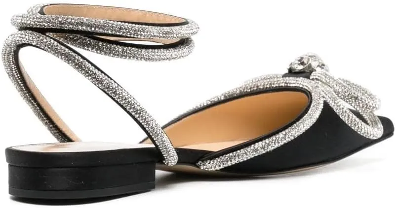 Arqa Double Bow Crystal Embellished Flats Women's Rhinestone Ankle Straps Ballet Flat Pointed Toe Bows Ballerina Shoes