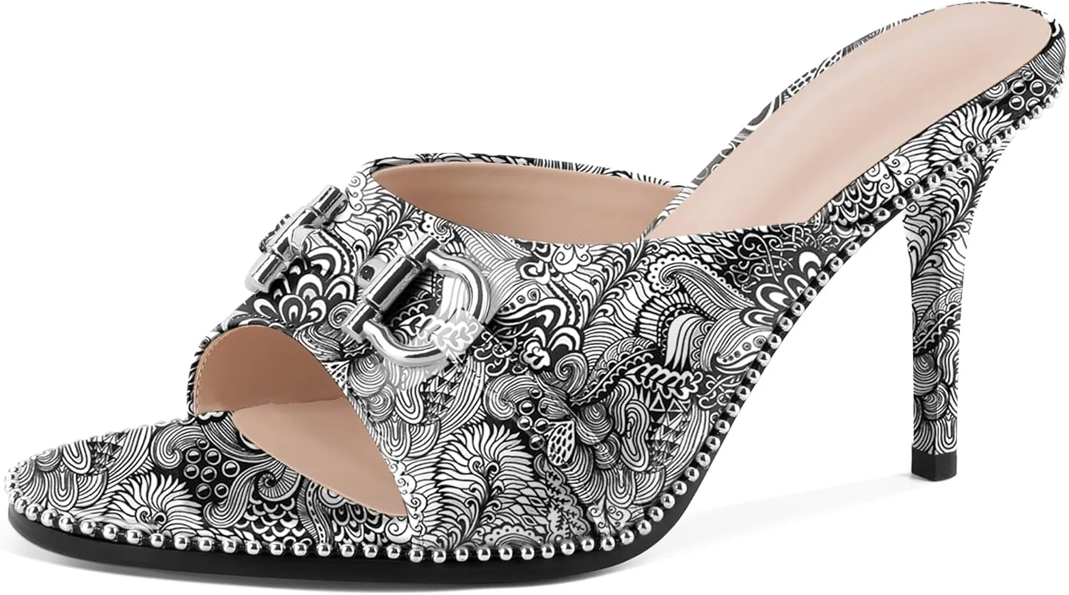 AUMOTED Peep Open Toe Sandals Women Stiletto High Heels Beaded Sandals Slip On Wedding Office Cute Basic Classic 3.1 Inches Summer Heels