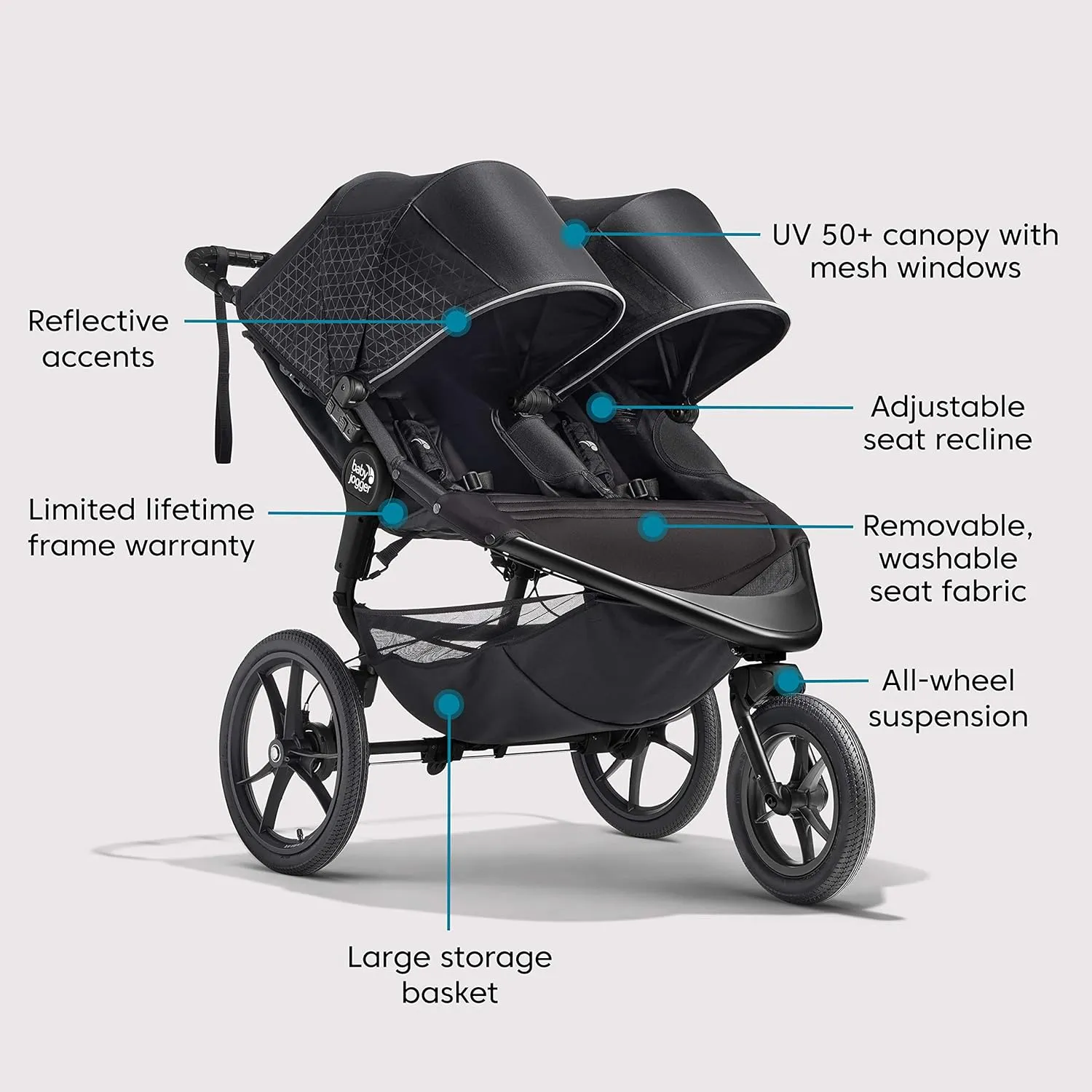 Baby Jogger Summit X3 Double Jogging Stroller Midnight Black Buggy for Two Smooth Ride for Walking or Jogging Compact Fold Increased Airflow All-Terrain Air Filled Tires and All-Wheel Suspension