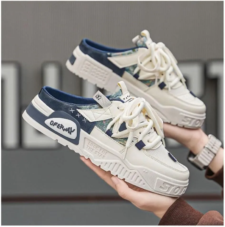Backless Tennis Shoes for Men Wide Mule Sneakers Slip on House Slippers Platform Lace Up Mesh Breathable Lightweight Casual Walking Slides Office Business Casual Sport Shoes Gym Running Travel Driving