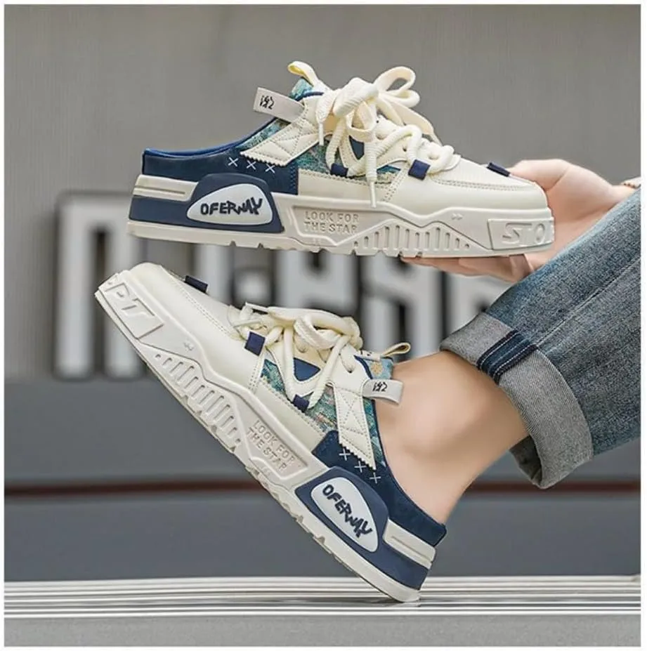 Backless Tennis Shoes for Men Wide Mule Sneakers Slip on House Slippers Platform Lace Up Mesh Breathable Lightweight Casual Walking Slides Office Business Casual Sport Shoes Gym Running Travel Driving