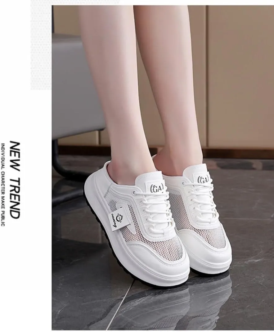 Backless Tennis Shoes for Women Wide Mule Sneakers Slip on House Slippers Platform Sandals Breathable Mesh Lightweight Casual Sports Shoes No Slip Comfort Walking Slides Summer Office Gym Driving