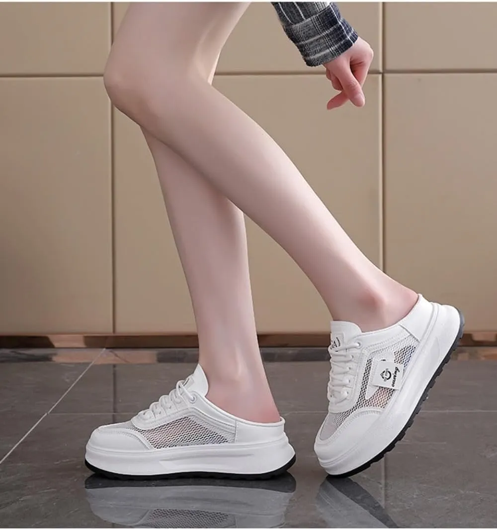 Backless Tennis Shoes for Women Wide Mule Sneakers Slip on House Slippers Platform Sandals Breathable Mesh Lightweight Casual Sports Shoes No Slip Comfort Walking Slides Summer Office Gym Driving