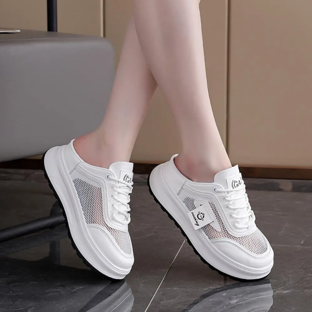 Backless Tennis Shoes for Women Wide Mule Sneakers Slip on House Slippers Platform Sandals Breathable Mesh Lightweight Casual Sports Shoes No Slip Comfort Walking Slides Summer Office Gym Driving