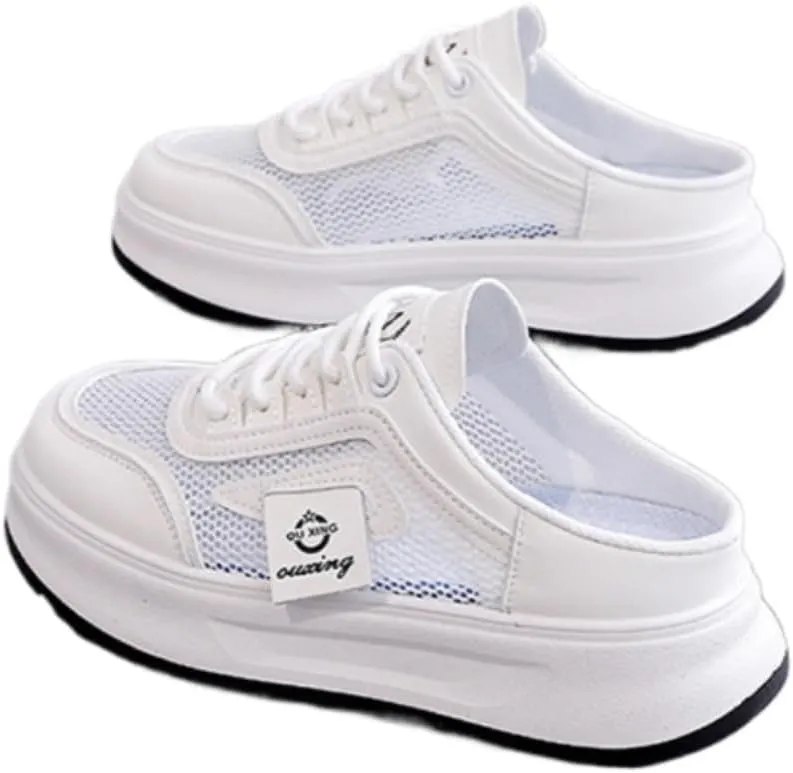 Backless Tennis Shoes for Women Wide Mule Sneakers Slip on House Slippers Platform Sandals Breathable Mesh Lightweight Casual Sports Shoes No Slip Comfort Walking Slides Summer Office Gym Driving