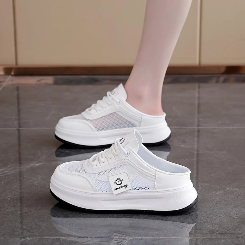 Backless Tennis Shoes for Women Wide Mule Sneakers Slip on House Slippers Platform Sandals Breathable Mesh Lightweight Casual Sports Shoes No Slip Comfort Walking Slides Summer Office Gym Driving