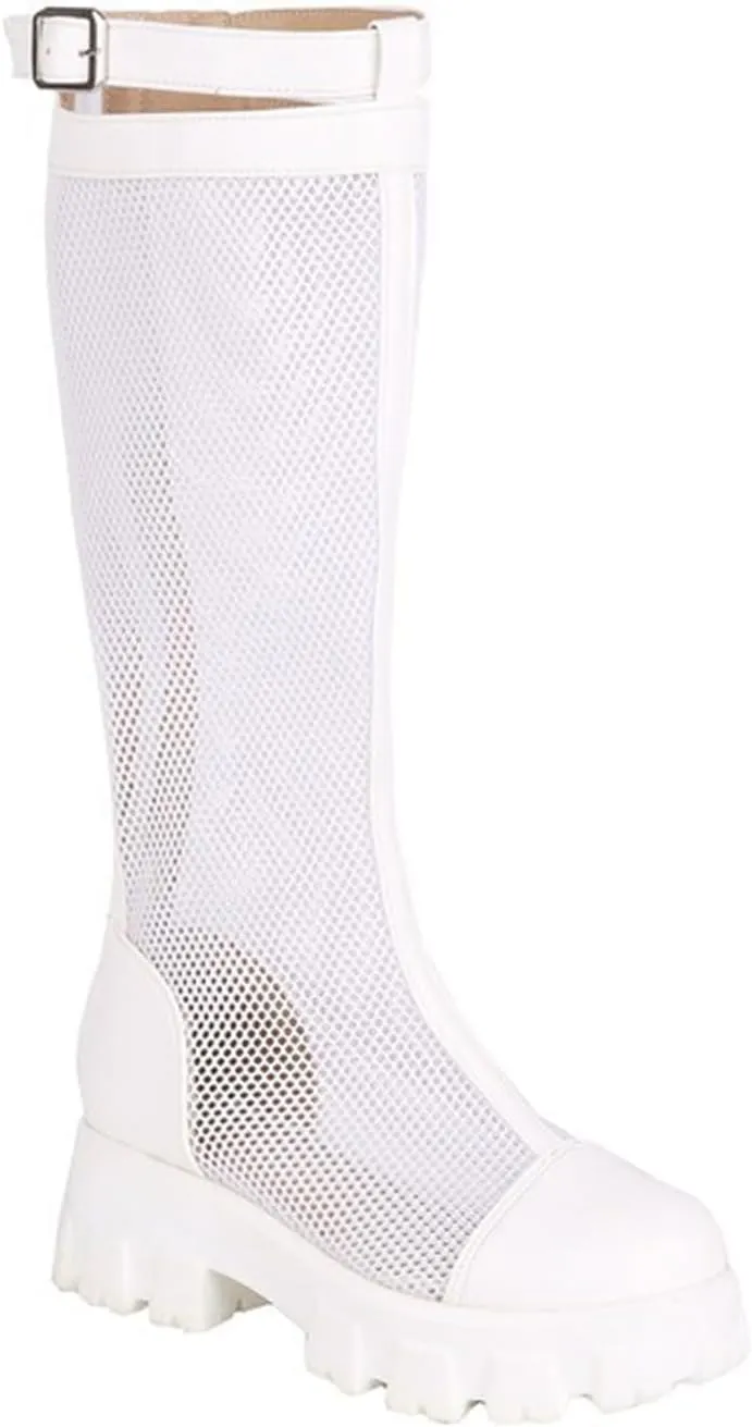 bbruriy Womens Summer mesh Platform Knee High Boots Chunky High Heel Round Toe Back Zip Punk Motorcycles Goth Combat Boots Comfort Casual Flat Shoes