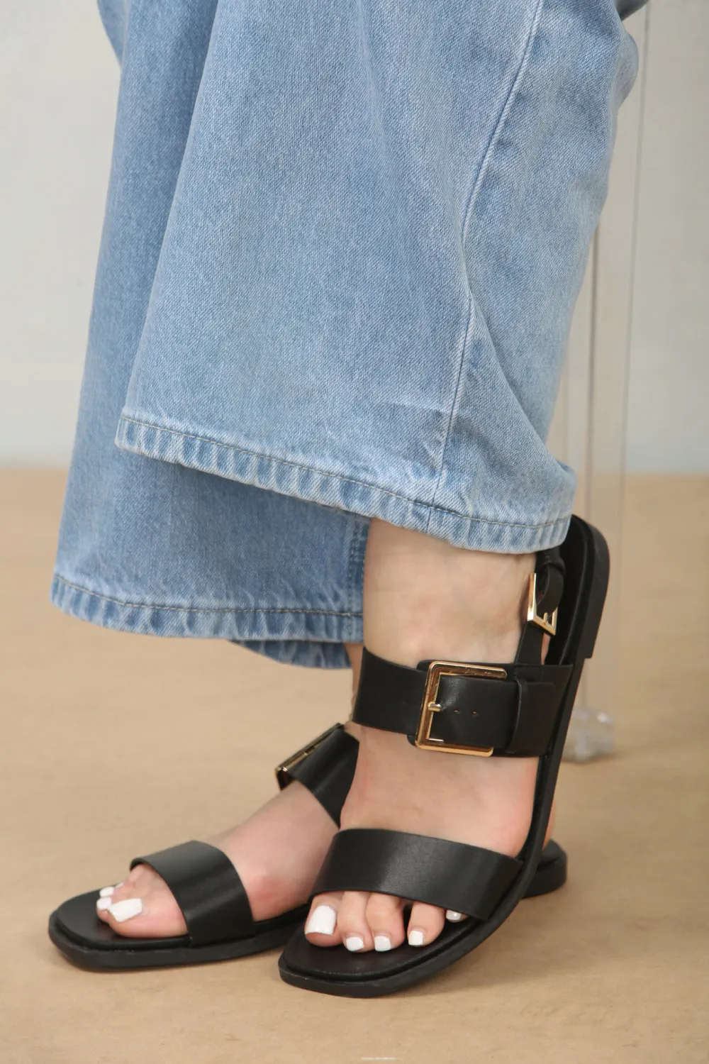 Black PU Strappy Sandals