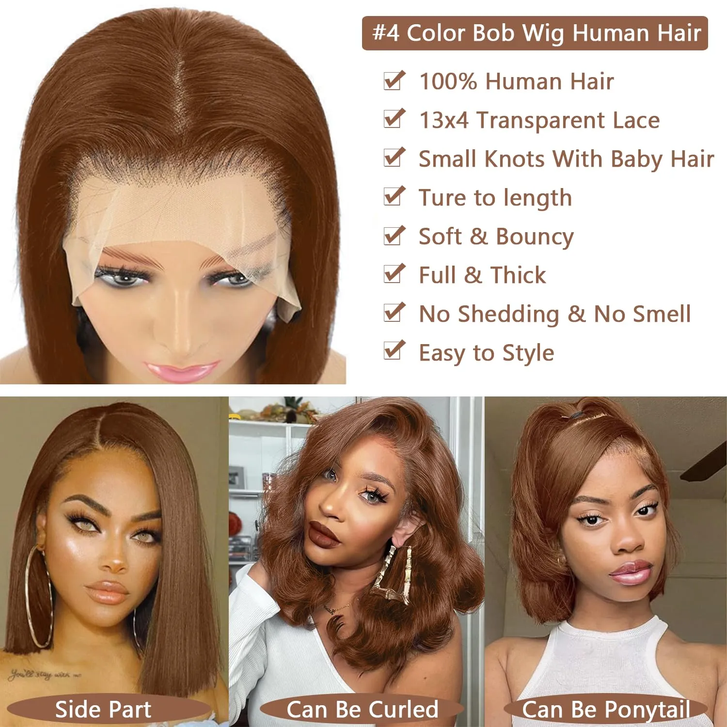 Bob Wig Human Hair Color #4 Chocolate Brown HD Lace Front Wig Glueless 13x4 Lace Front Wigs Human Hair Pre Plucked 200 Density 10 Inch