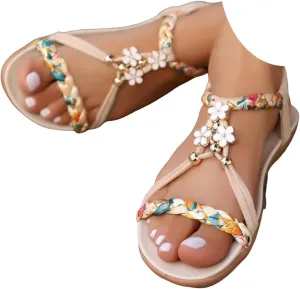 Bohemian Flat Sandals for Women Ankle Strap Flip Flops Open Toe Jeweled Beach Sandals 2025 Summer Comfortable Wedges Casual Sandal