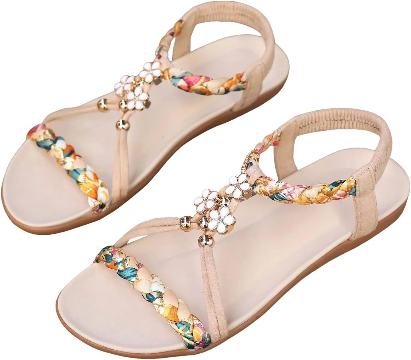 Bohemian Flat Sandals for Women Ankle Strap Flip Flops Open Toe Jeweled Beach Sandals 2025 Summer Comfortable Wedges Casual Sandal