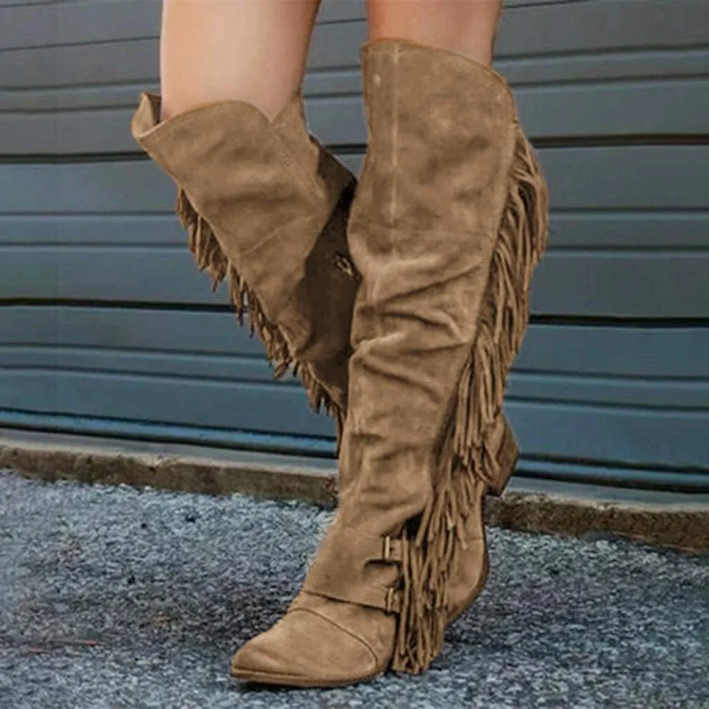 BORAMAX Women's Over The Knee Boots Long Boots Square Heels Shoes Retro Fringe Moccasin Flat Heel Zipper Knee High Boots