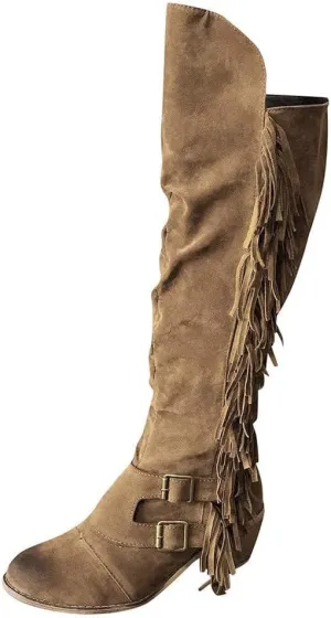 BORAMAX Women's Over The Knee Boots Long Boots Square Heels Shoes Retro Fringe Moccasin Flat Heel Zipper Knee High Boots