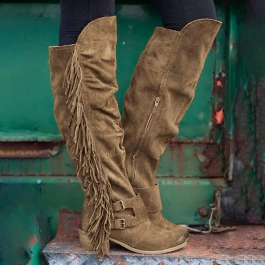 BORAMAX Women's Over The Knee Boots Long Boots Square Heels Shoes Retro Fringe Moccasin Flat Heel Zipper Knee High Boots