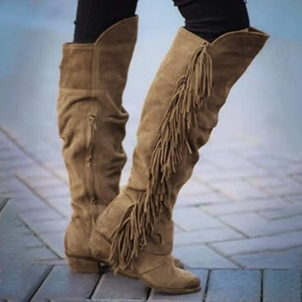 BORAMAX Women's Over The Knee Boots Long Boots Square Heels Shoes Retro Fringe Moccasin Flat Heel Zipper Knee High Boots