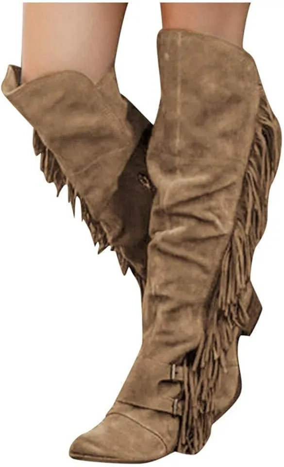 BORAMAX Women's Over The Knee Boots Long Boots Square Heels Shoes Retro Fringe Moccasin Flat Heel Zipper Knee High Boots