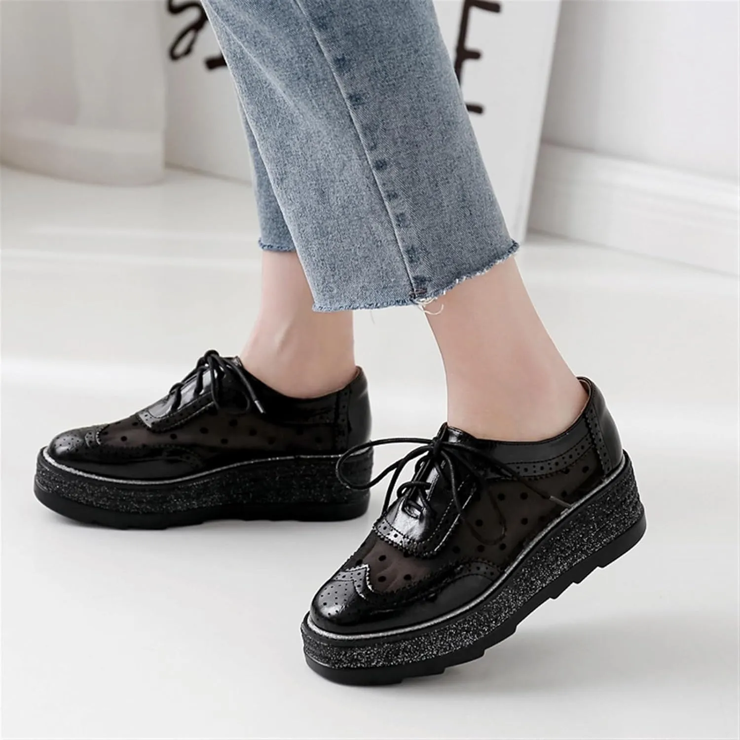 Breathable Sneaker Shoes For Women Handmade Lace Up Mesh Platform Wingtips Brogues Office Daily Wear Flat Oxford Shoes