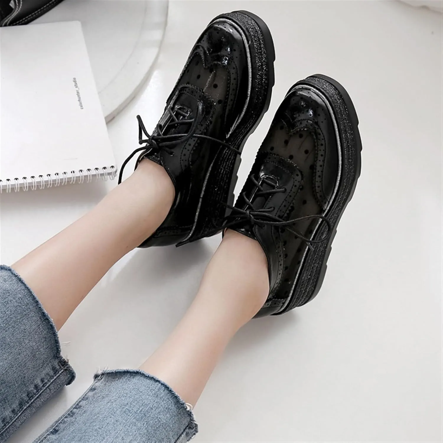 Breathable Sneaker Shoes For Women Handmade Lace Up Mesh Platform Wingtips Brogues Office Daily Wear Flat Oxford Shoes