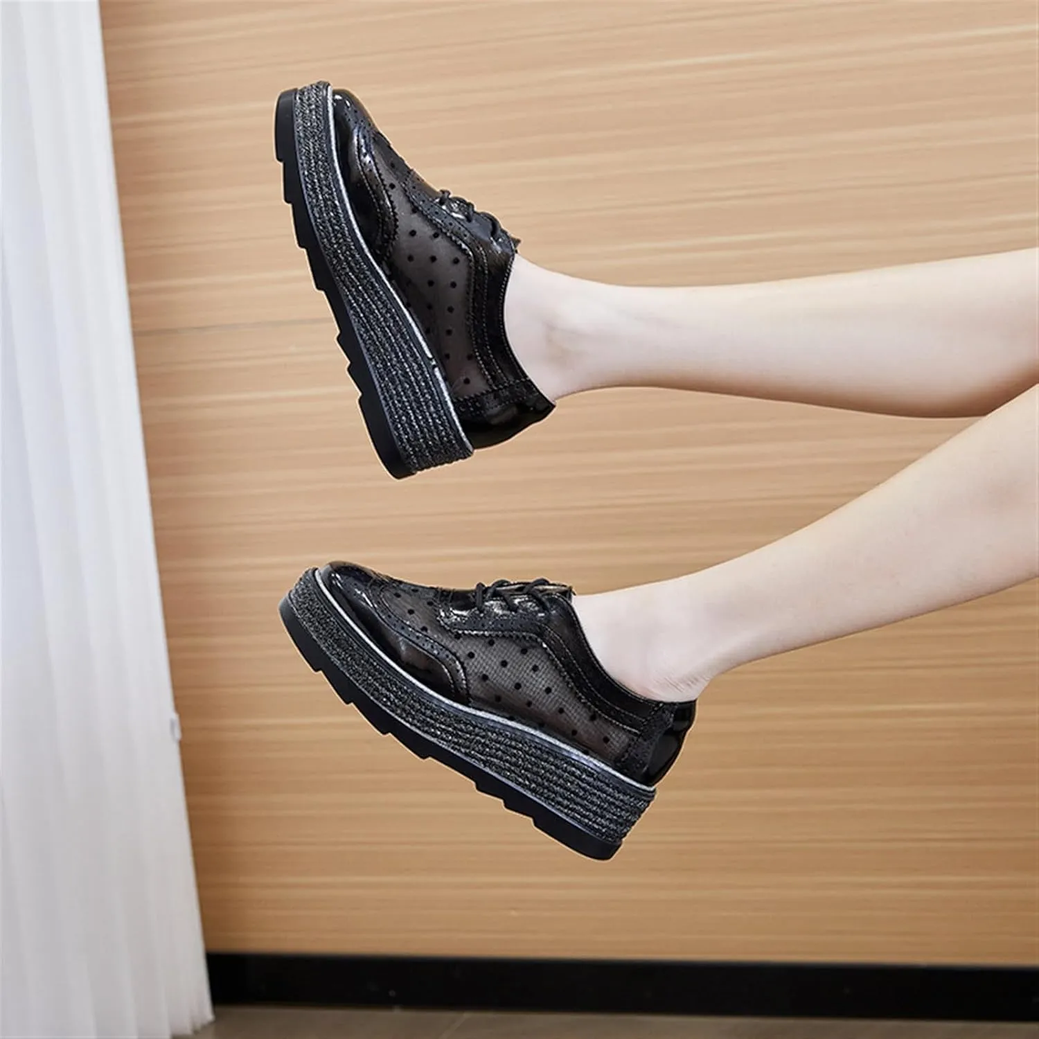Breathable Sneaker Shoes For Women Handmade Lace Up Mesh Platform Wingtips Brogues Office Daily Wear Flat Oxford Shoes