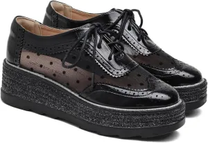 Breathable Sneaker Shoes For Women Handmade Lace Up Mesh Platform Wingtips Brogues Office Daily Wear Flat Oxford Shoes