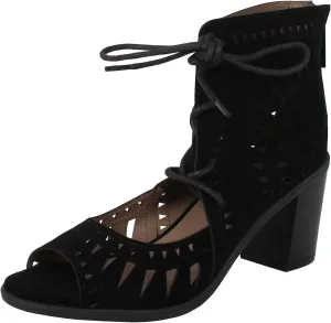 Breckelle's Women's Lasercut Stacked Chunky Heel Peep Toe Sandal (7.5 B(M) US, Black)