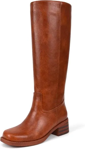 Brown Knee High Boots for Women Riding Boots Platform Square Toe Chunky Low Heel Tall Boots Leather Pull on Long Boots Wide Calf Campus Boots Tan
