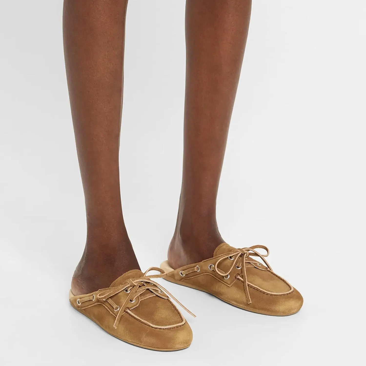 Brown Suede Mules for Women Bow Lace up Slip-on Flat Loafers Comfortable Round Toe Casual Boat Slippers Shoes
