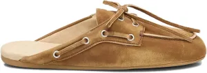 Brown Suede Mules for Women Bow Lace up Slip-on Flat Loafers Comfortable Round Toe Casual Boat Slippers Shoes