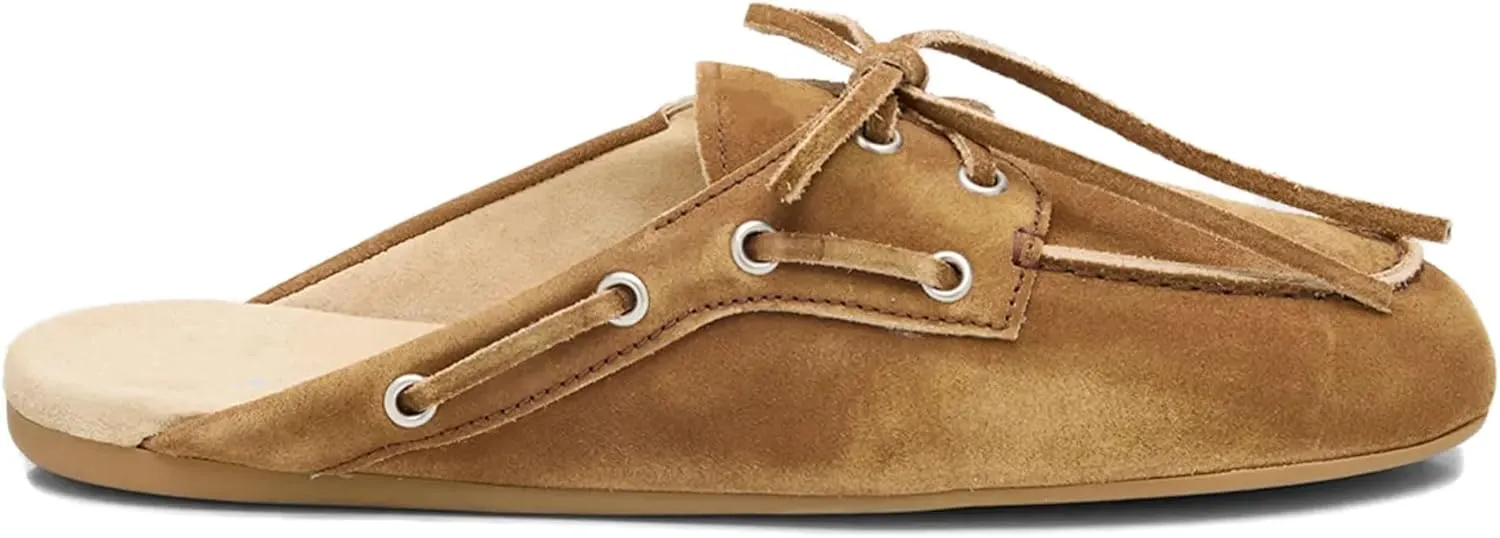 Brown Suede Mules for Women Bow Lace up Slip-on Flat Loafers Comfortable Round Toe Casual Boat Slippers Shoes