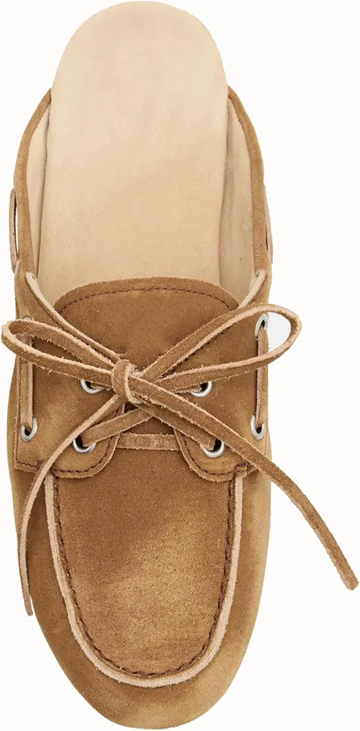 Brown Suede Mules for Women Bow Lace up Slip-on Flat Loafers Comfortable Round Toe Casual Boat Slippers Shoes