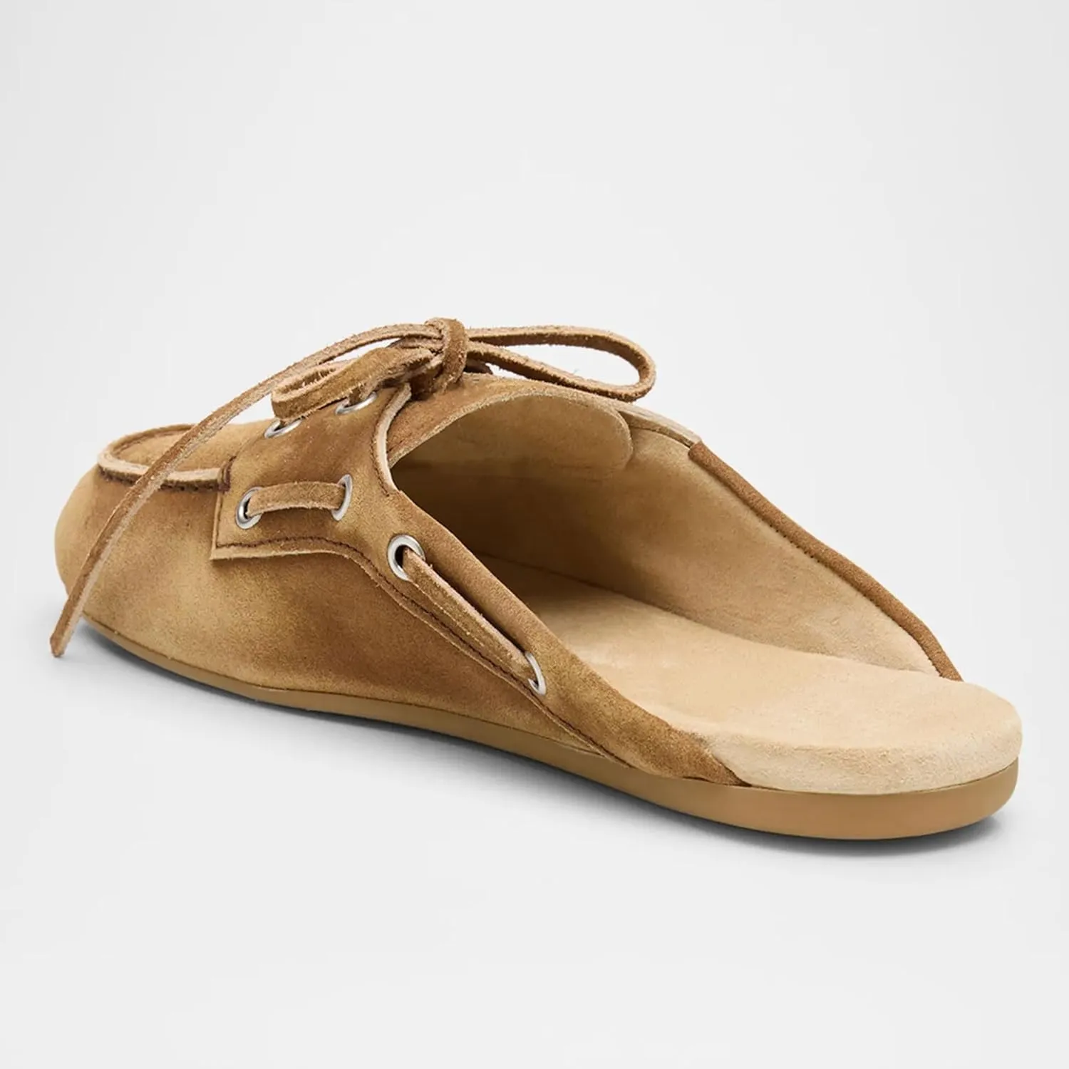 Brown Suede Mules for Women Bow Lace up Slip-on Flat Loafers Comfortable Round Toe Casual Boat Slippers Shoes