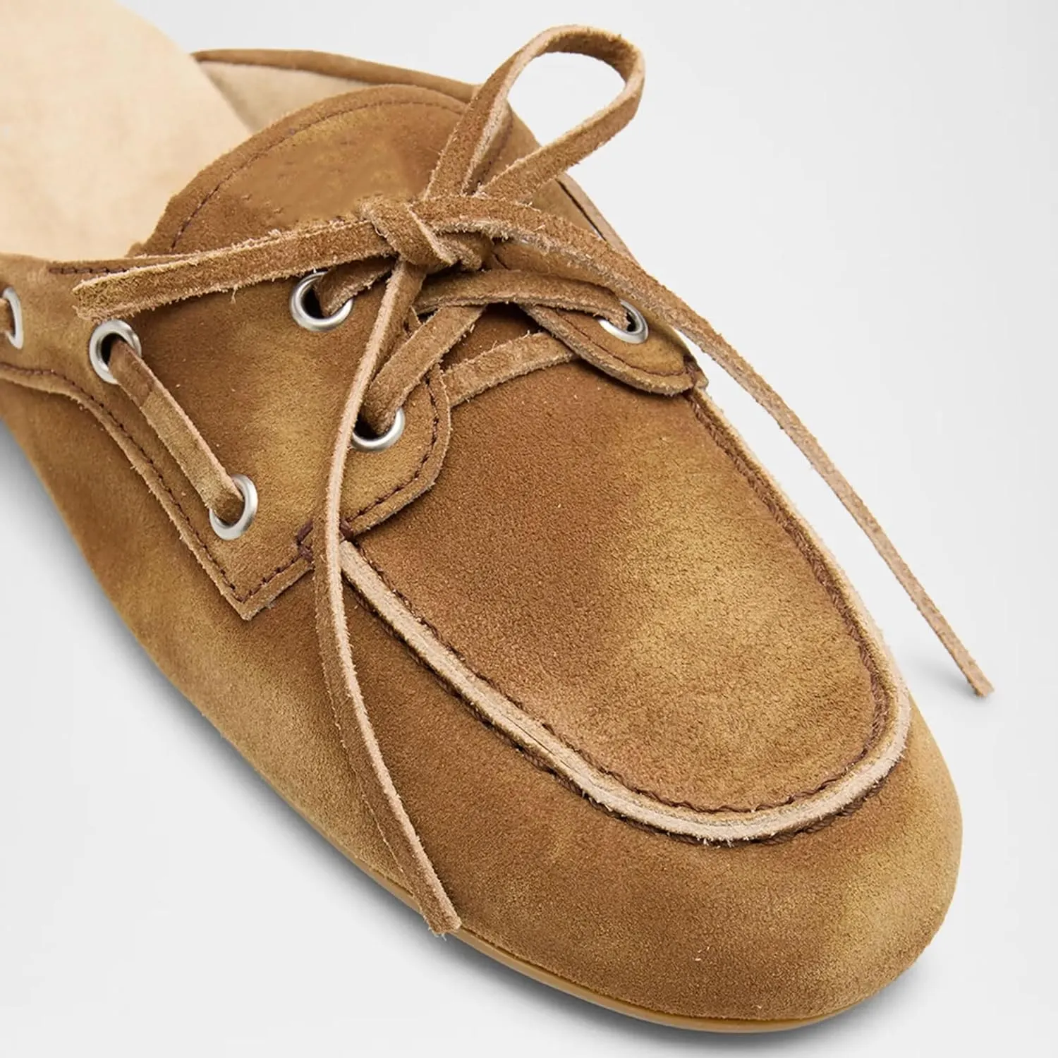 Brown Suede Mules for Women Bow Lace up Slip-on Flat Loafers Comfortable Round Toe Casual Boat Slippers Shoes