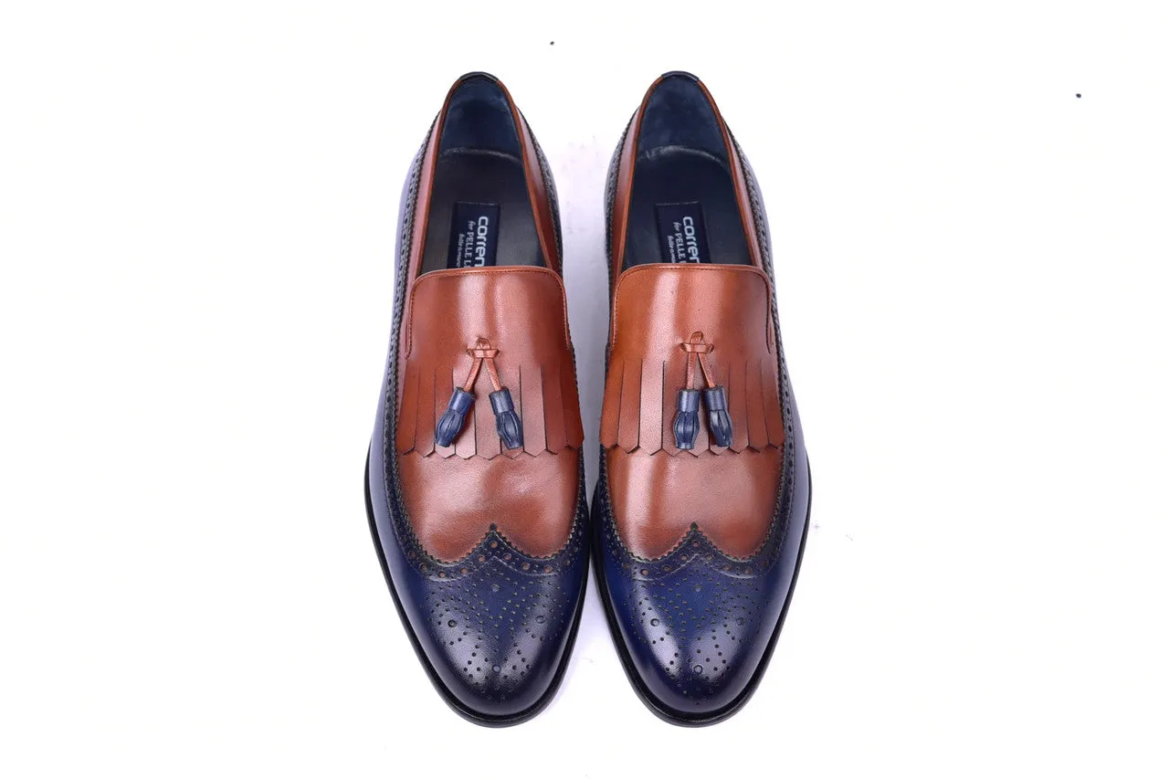 C00019- 7397 Wingtip Kiltie Tassel Loafer- Navy/Tan