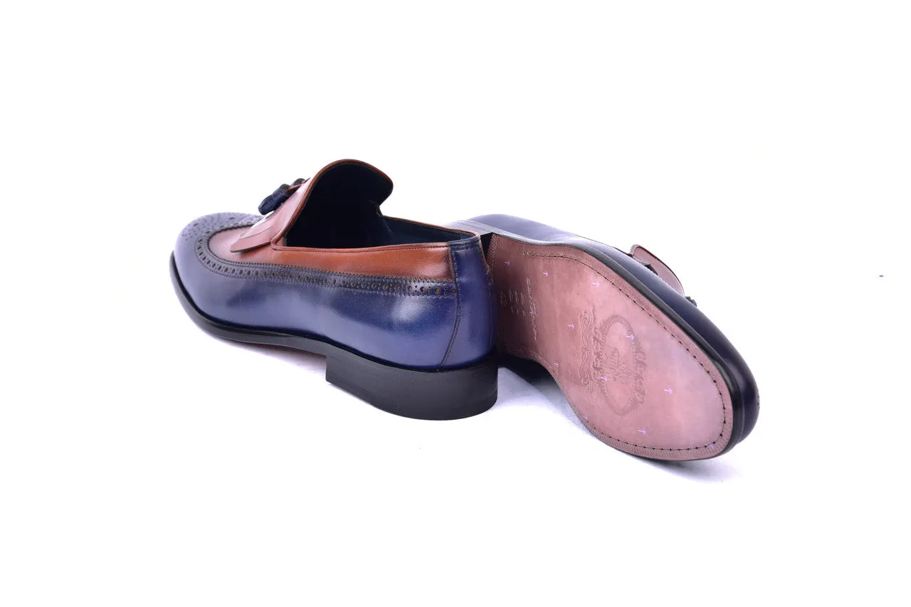 C00019- 7397 Wingtip Kiltie Tassel Loafer- Navy/Tan
