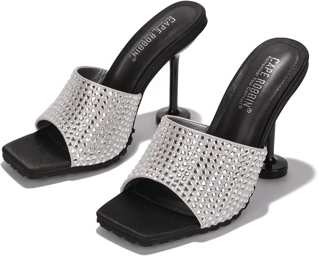 Cape Robbin Haig Womens Sandals Mule Open Toe Spool Heel Rhinestone Slip On Pump