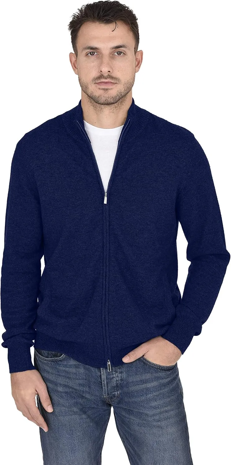 Cashmeren Men's Mock Neck Zip Up Cardigan 100% Merino Wool Classic Knit Long Sleeve Zipped Down Sweater