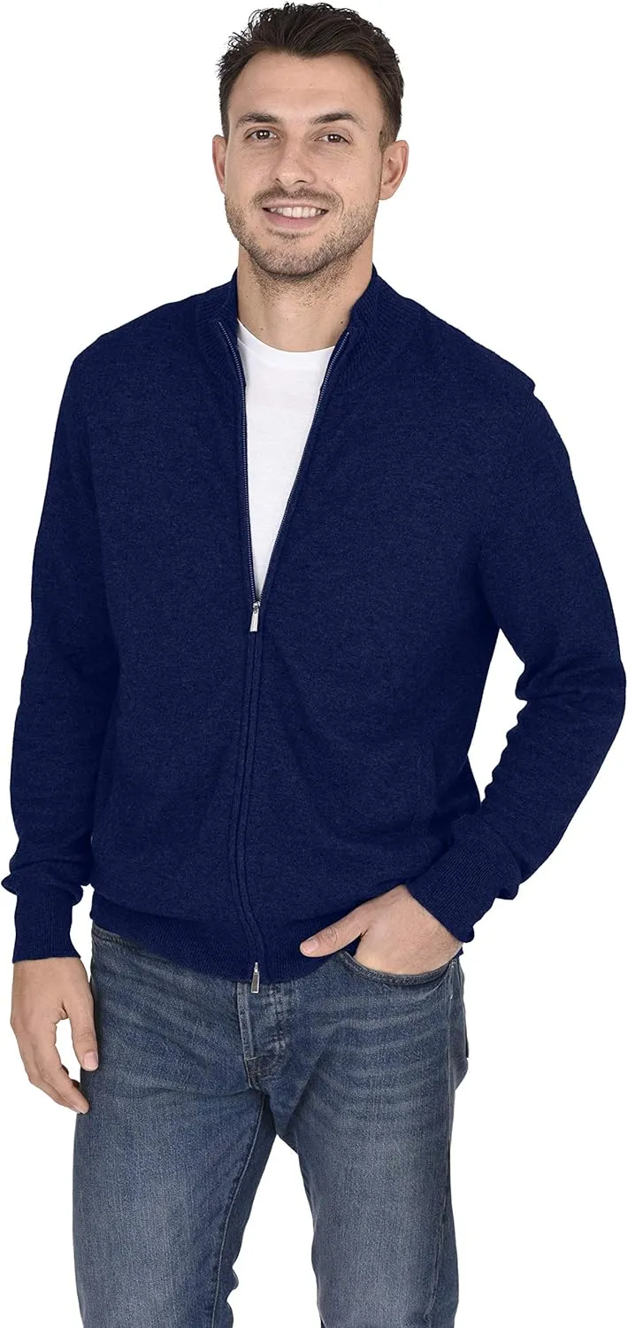 Cashmeren Men's Mock Neck Zip Up Cardigan 100% Merino Wool Classic Knit Long Sleeve Zipped Down Sweater