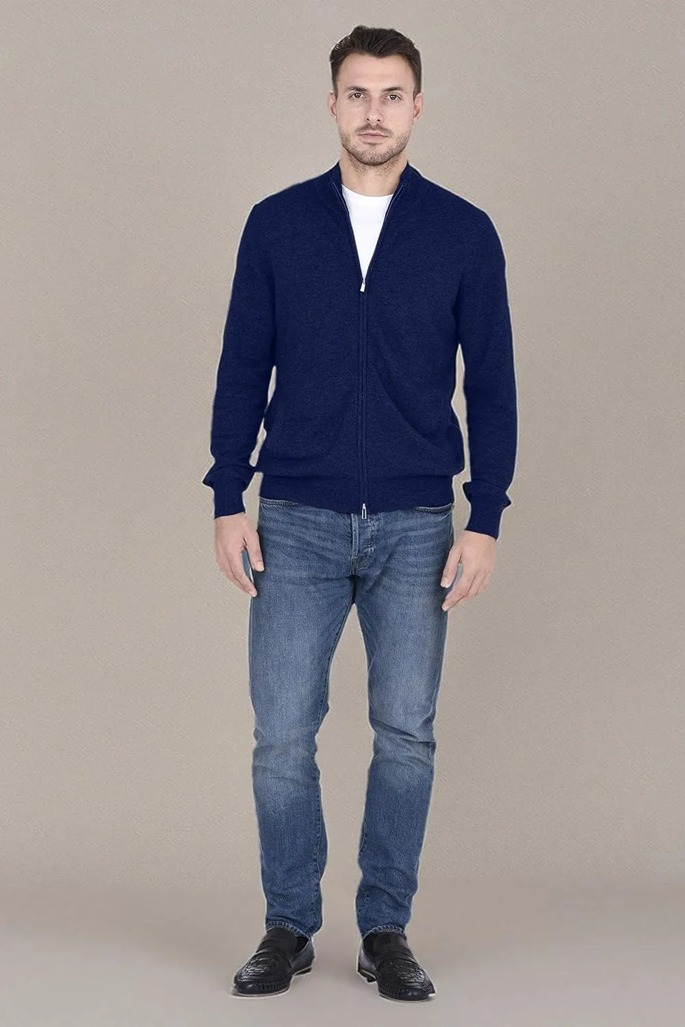 Cashmeren Men's Mock Neck Zip Up Cardigan 100% Merino Wool Classic Knit Long Sleeve Zipped Down Sweater