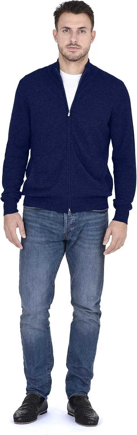 Cashmeren Men's Mock Neck Zip Up Cardigan 100% Merino Wool Classic Knit Long Sleeve Zipped Down Sweater