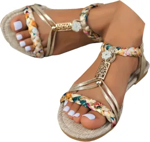 Casual Bohemian Beach Sandals Orthopedic Wedge Sandal for Women Ankle Strap Flip Flops Open Toe Jeweled Flat Sandals 2025
