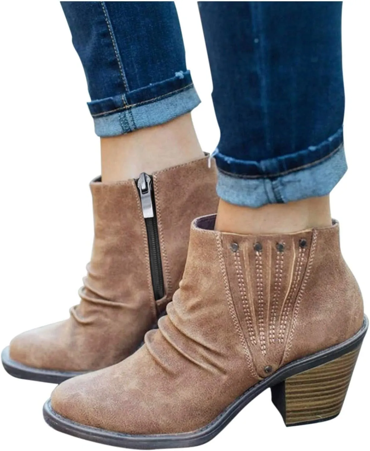 Cathalem Ankle Boots for Women, Booties for Women Low Heel V Cut Flat Ankle Boots Comfort Cowboy Combat Boots