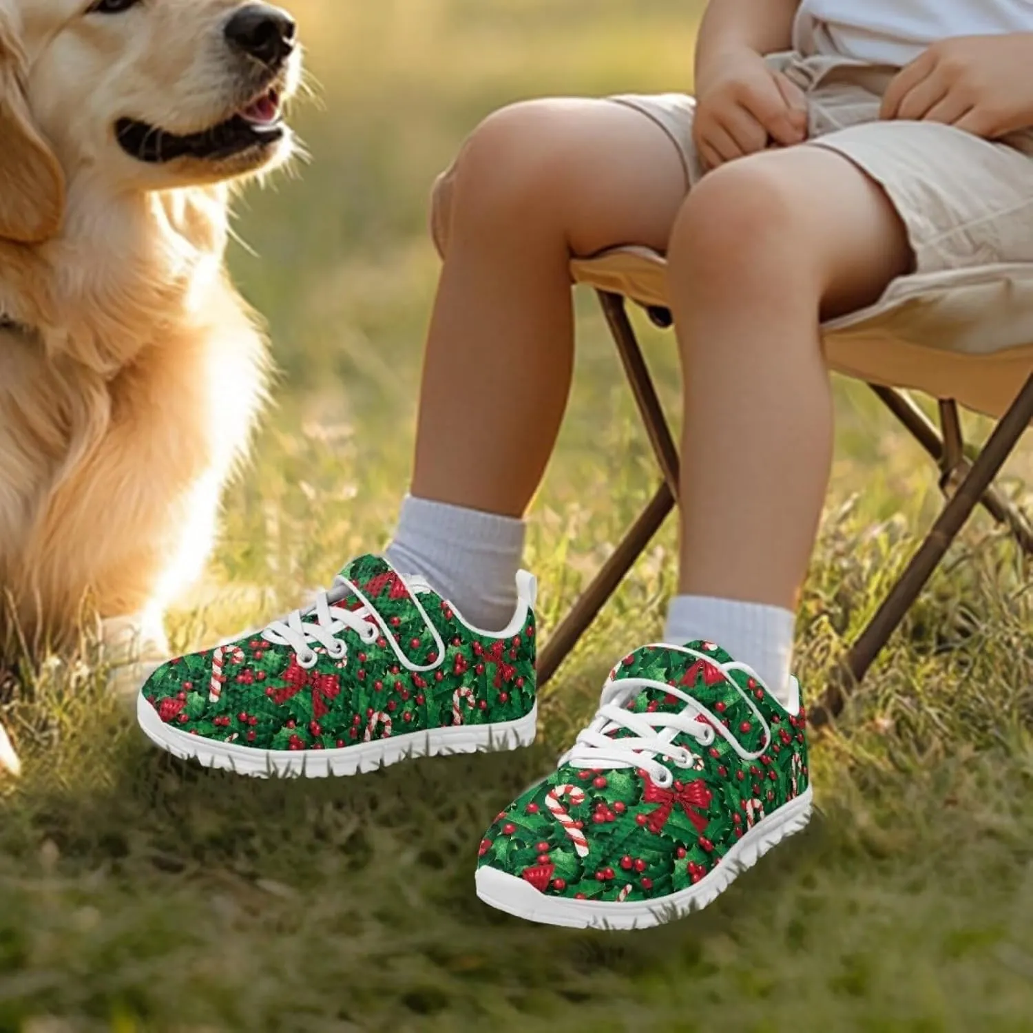Christmas Sneakers for Boys Girls Non Slip Breathable Athletic Walking Shoes Kids Single Buckle Mesh Sneaker
