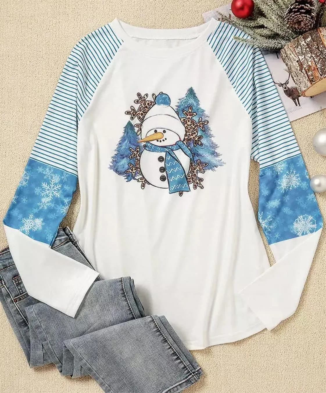 Christmas Snowman Leopard Tunic for Women Color Block Casual Long Sleeve Striped Blouse Round Neck Pullover T Shirt Tops