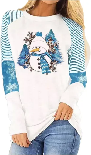 Christmas Snowman Leopard Tunic for Women Color Block Casual Long Sleeve Striped Blouse Round Neck Pullover T Shirt Tops