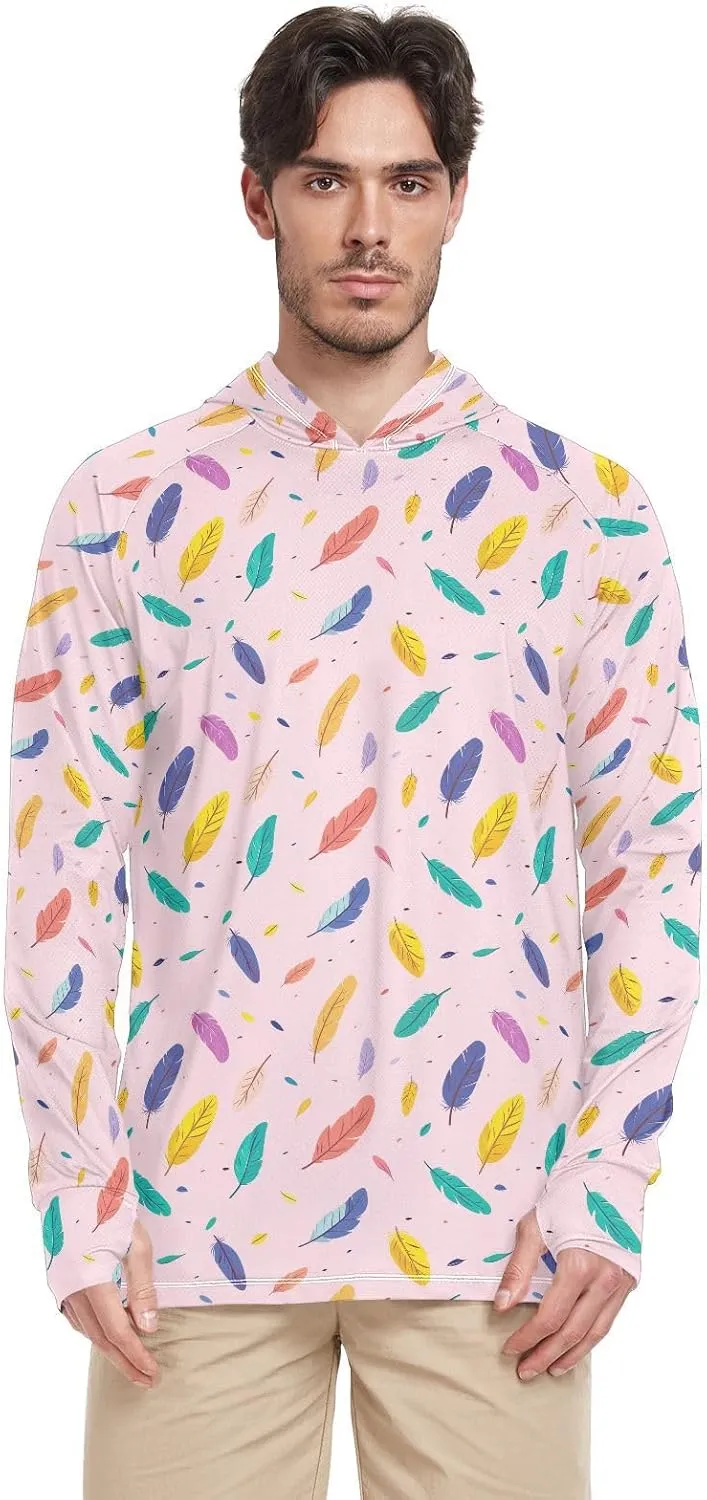 Colorful Feathers Mens Hoodie Sun Protection Long Sleeve UPF 50 Mens Sun Shirt