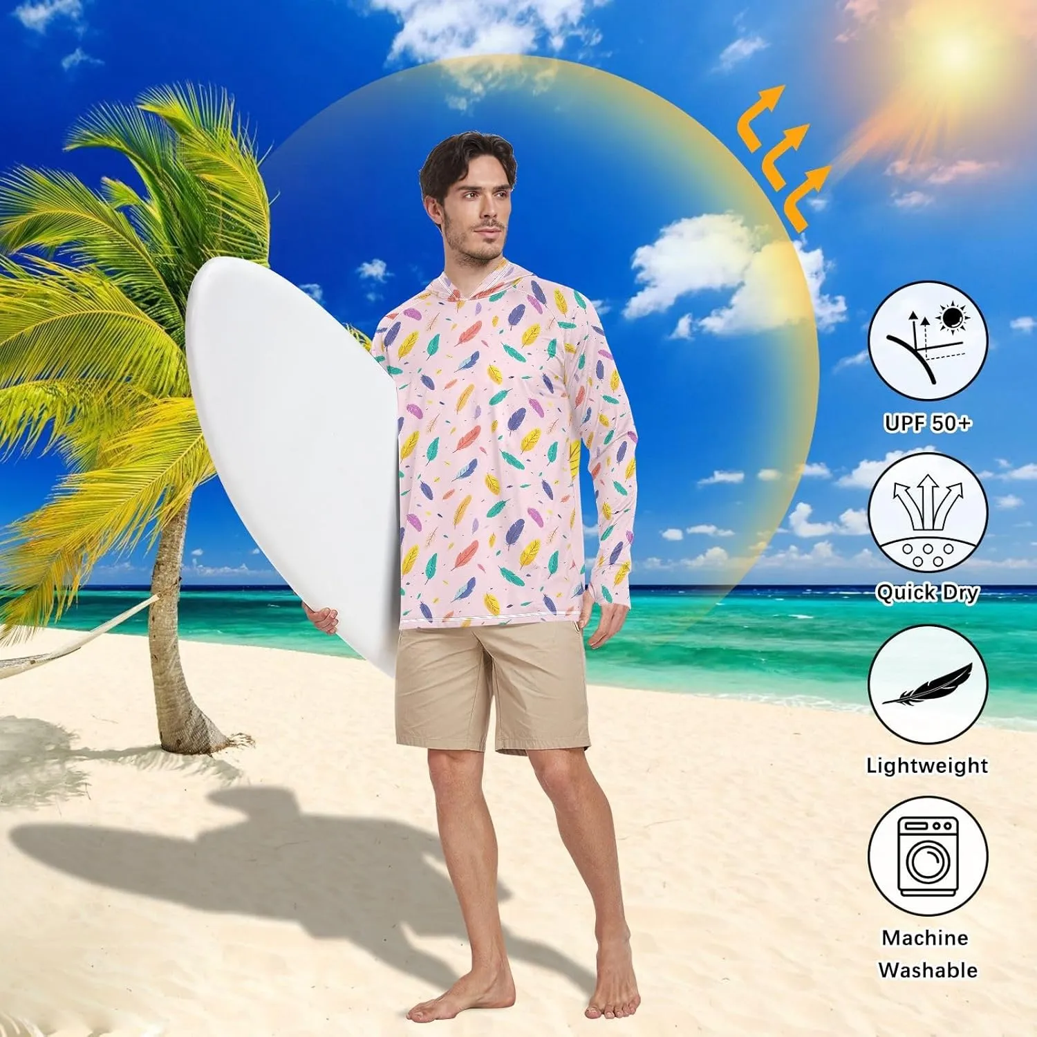 Colorful Feathers Mens Hoodie Sun Protection Long Sleeve UPF 50 Mens Sun Shirt