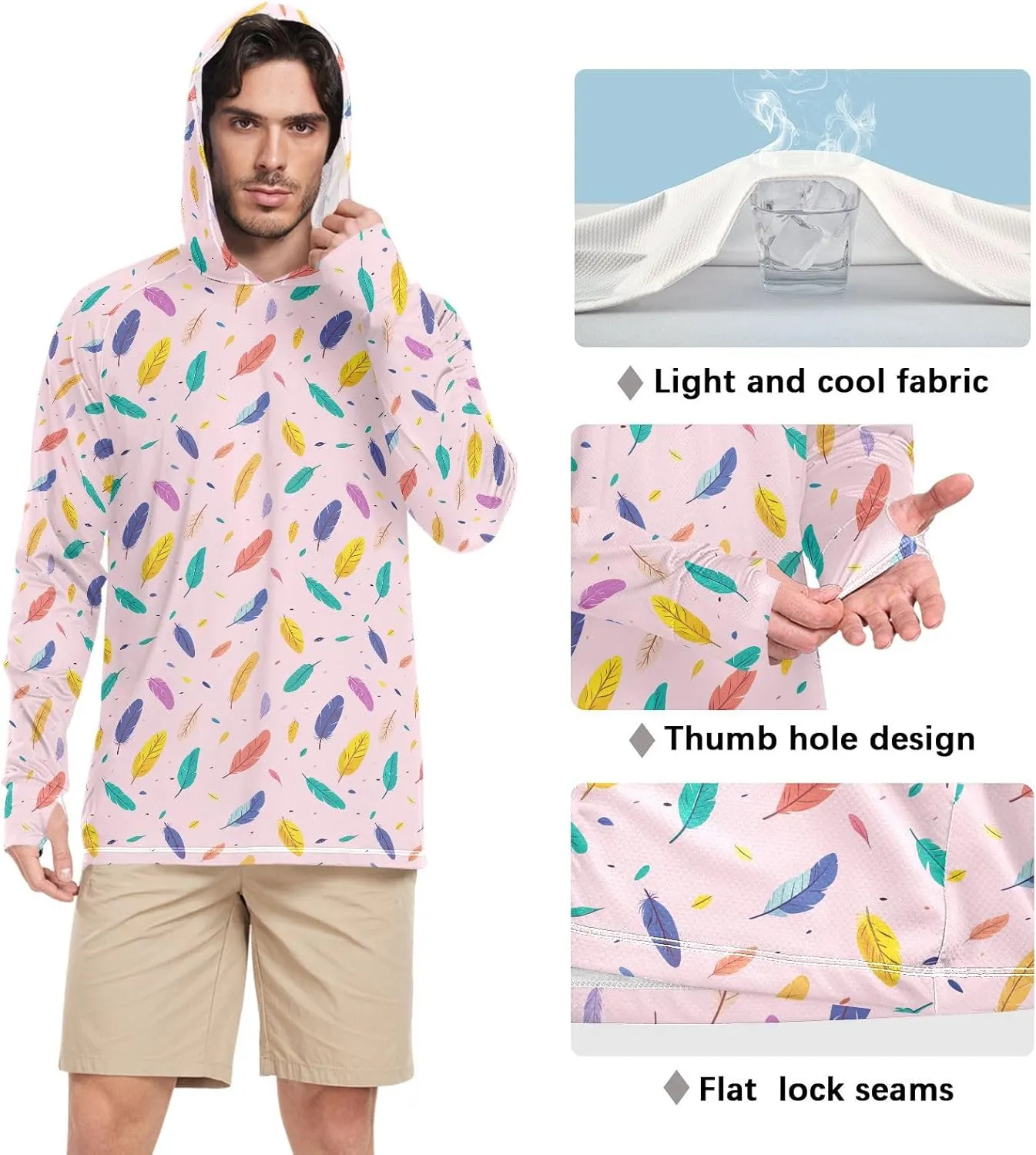 Colorful Feathers Mens Hoodie Sun Protection Long Sleeve UPF 50 Mens Sun Shirt