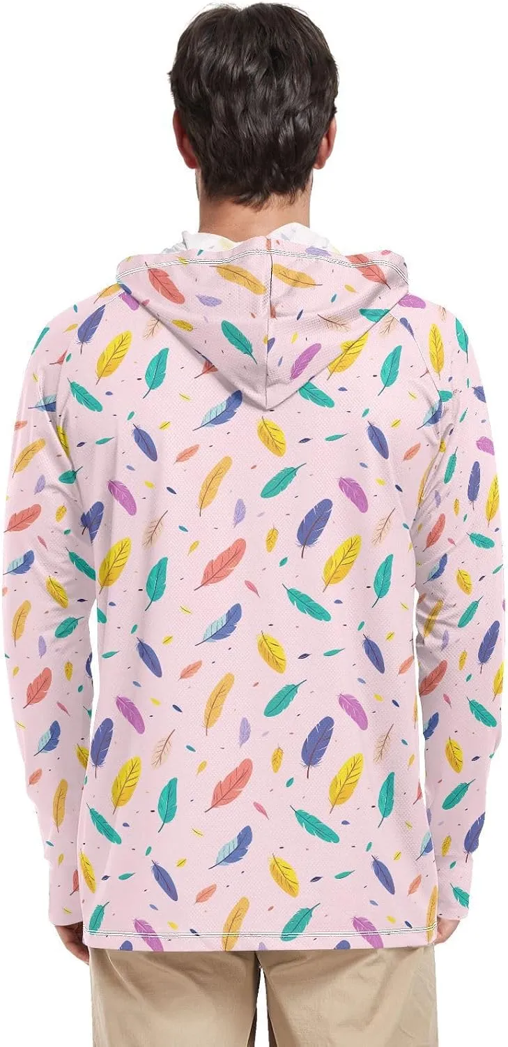 Colorful Feathers Mens Hoodie Sun Protection Long Sleeve UPF 50 Mens Sun Shirt