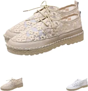 Comfortable Flat Casual Shoes with Round to for Women Embroidered Lace Breathable Lace-Up Low-Top Sneakers